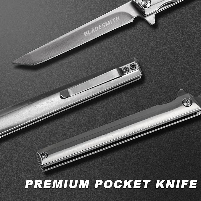 BLADESMITH Pocket Folding Knife, Gentlemen`s Slim EDC Knife, 3.5" 5Cr15Mov Steel Blade, Fully Silver Ti-coated Stainless Steel handle, with Leather Sheath