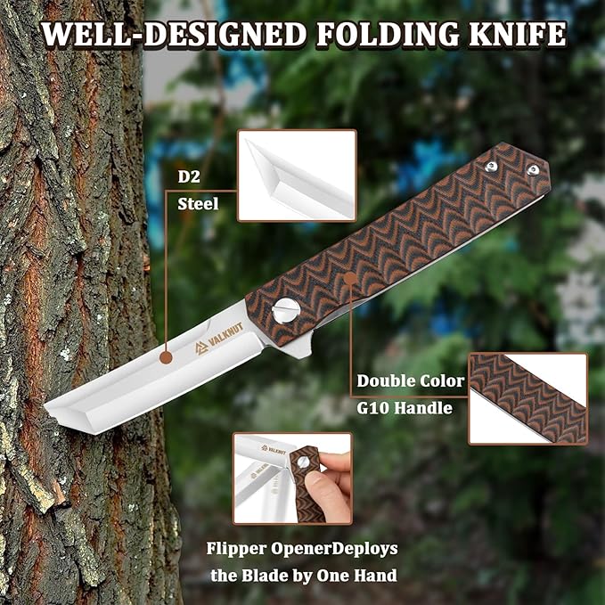 Tanto Folding Pocket Knife D2 Steel EDC Knives for Men, Flipper Opening Japanese Tanto Knife 3-1/2'' Blade