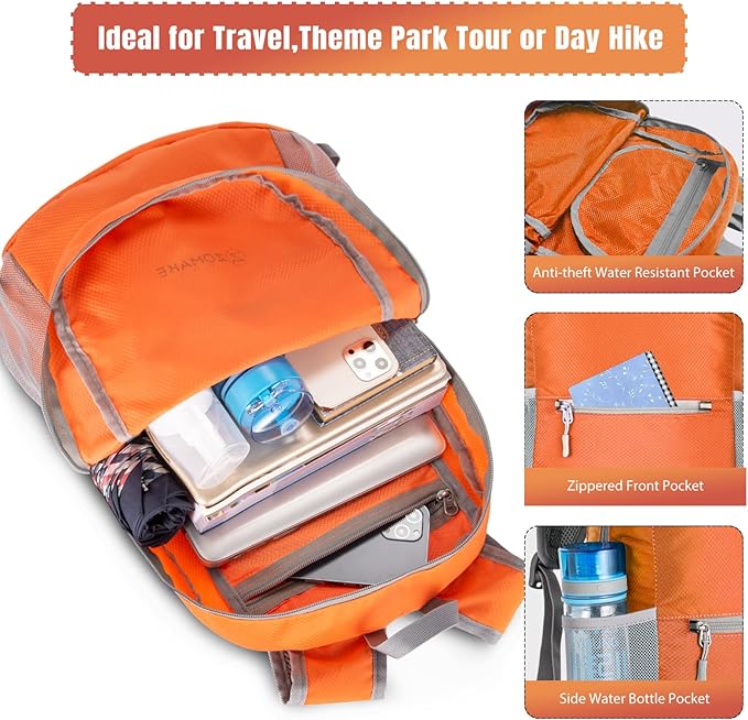 ZOMAKE Ultra Lightweight Hiking Backpack 20L, Packable Small Backpacks Water Resistant Daypack for Women Men(Orange)