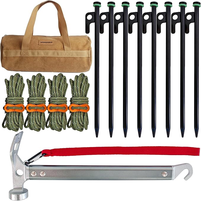 Heavy Duty Tent Stakes Set - 8 Steel Pegs(10inch), Hammer, 13ft Reflective Ropes, Adjusters, and Storage Bag for Camping, Hiking, Backpacking