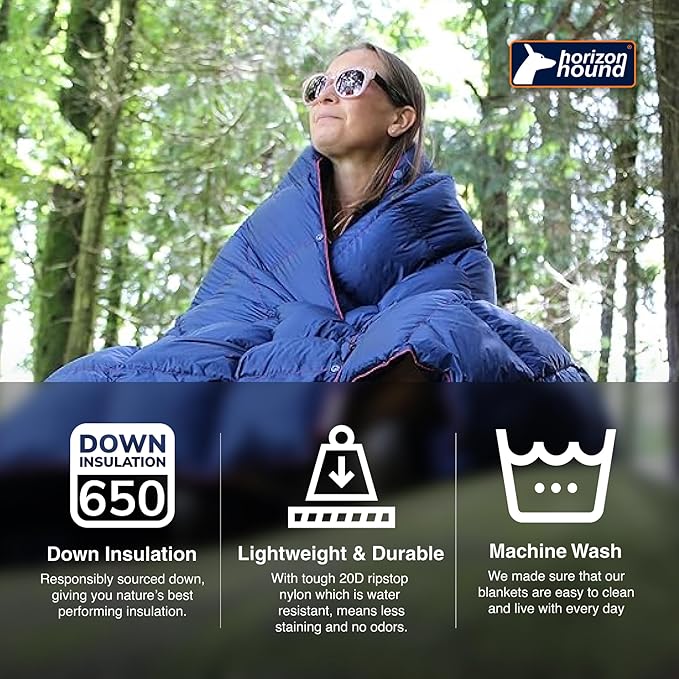 Horizon Hound Down Camping Blanket - Outdoor Travel Quilt | Sustainable, Insulated, Lightweight & Warm Gear for Sleep, Camping, Stadium, Hiking & Festivals | Water Resistant, Packable & Compact