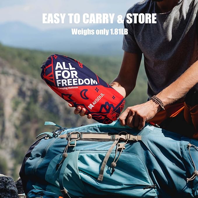 AKSOUL Self-Inflating Sleeping Pad Backpacking for Camping: Wide Inflatable Air Mattress Compact & Ultralight Sleep Mat, Lightweight Pads with Built-in Foot Pump, for Backpack Camp Hiking Traveling