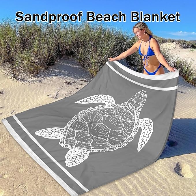 Waterproof Sand Free Beach Mat, 78”x 86” Large Sandproof Beach Blanket w/ 4 Stakes & Pockets, Easy to Clean Quick Drying Big Compact Beach Accessories for Outdoor, Picnic, Camping - Gray Sea Turtle