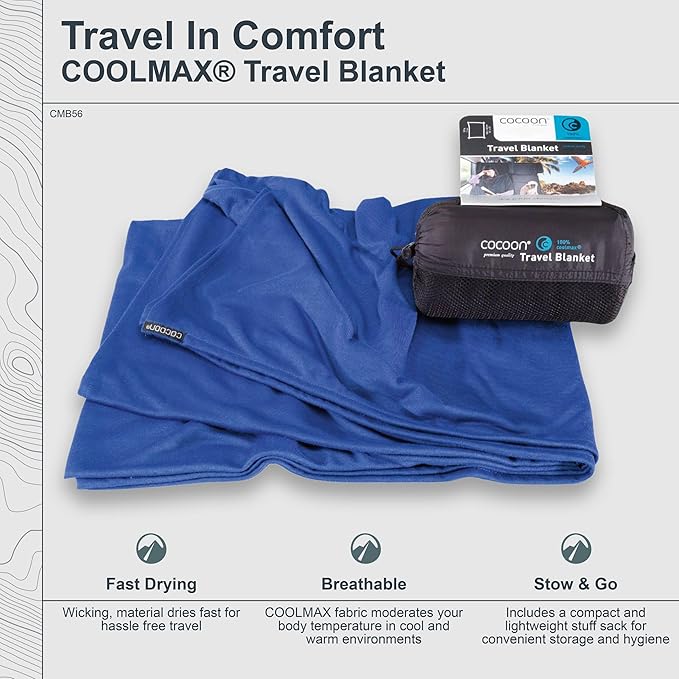 COCOON - Coolmax Travel Blanket | Compact Throw Blanket for Camping and Hiking | Fits in Backpack | Attaches to Luggage | Travel Essential | Fast Drying (Regular 70" x 55")