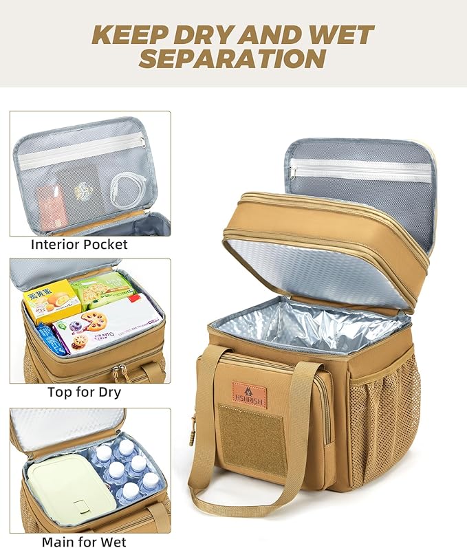 HSHRISH Expandable Large Tactical Lunch Box for Adults, Double Deck Durable Insulated Lunch Bag, Leakproof Cooler Bag Lunch Pail for Men Work Outdoor Picnic Trips, 24Cans/15L(Brown)