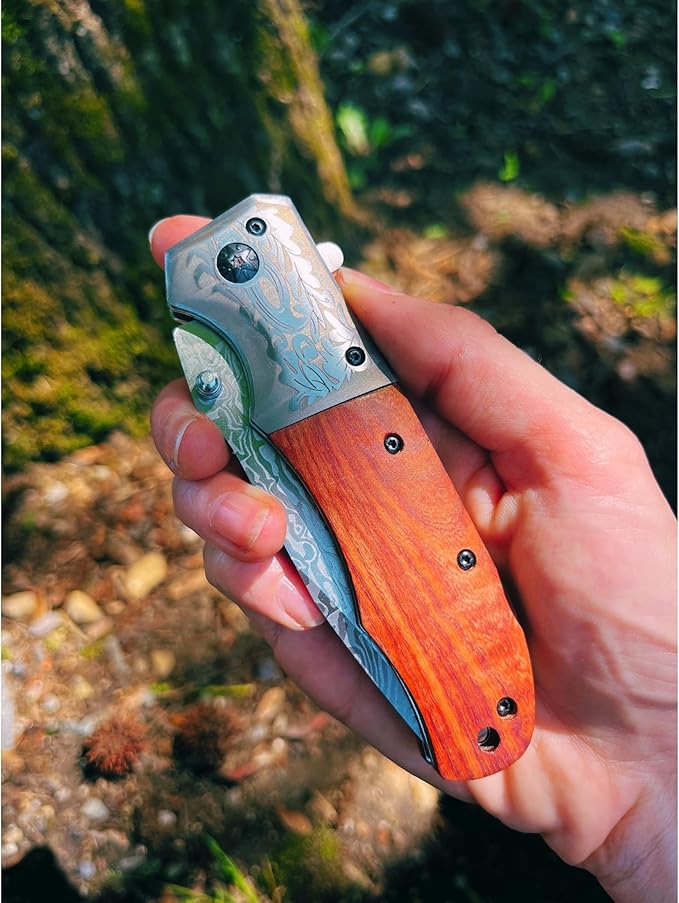 Amz Pocket Knife | 8.7 cm Stainless Steel Blade | Wood Handle | Damascus Design | Outdoor, Tactical Folding Knife