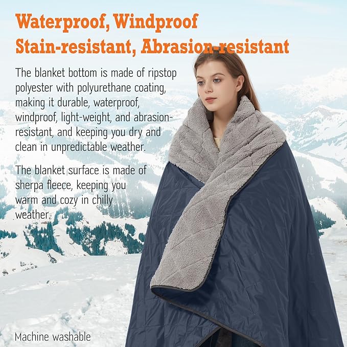 Outdoor/Indoor Sherpa Blanket, Oversized Waterproof Stadium Blanket for Cold Weather. Warm, Soft, Portable, Great for Stadium, Sports Events, Camping, Indoor - 82x56in., Royal Blue