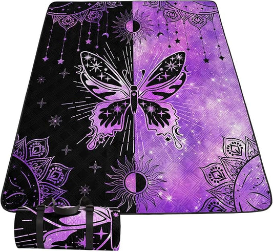 Outdoor Picnic Blanket Portable Ultrasonic Waterproof Picnic Mat Symmetrical Butterfly Printed Camping Beach Mat for Sand and Wet Grass Hiking (Symmetrical Butterfly S)