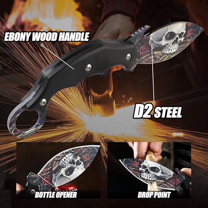 Fixed Blade, 8.7” Full Tang Tactical Knife with Leather Sheath, Ebony Wood Handle, Outdoor Survival, Camping, Hunting, 2024 Gift for man and women, SRB-C