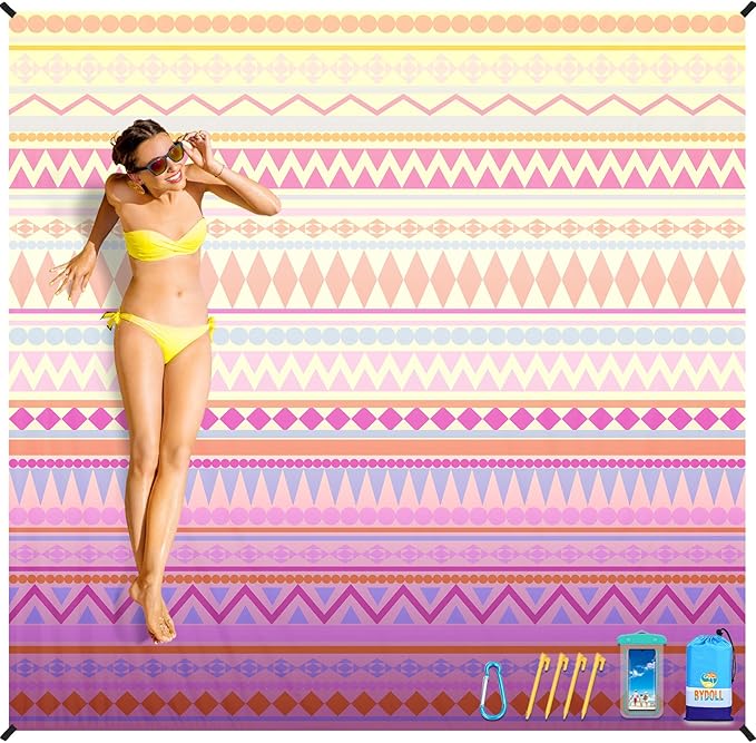 BYDOLL Beach Blanket Sandproof Waterproof 78''×81''1-4 Adults Boho Compact Lightweight Oversized Beach Blanket Large Picnic Mat Beach Blanket for Travel Camping Hiking Picnic