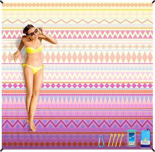 BYDOLL Beach Blanket Sandproof Waterproof 78''×81''1-4 Adults Boho Compact Lightweight Oversized Beach Blanket Large Picnic Mat Beach Blanket for Travel Camping Hiking Picnic