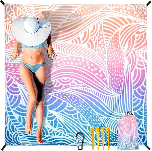 Beach Blanket Sandproof Extra Large Beach Mat Adults Waterproof Quick Drying Sand Free Mat Made by Premium Polyester with 4 Stakes & 4 Corner Pockets for Outdoor Travel Camping Hiking