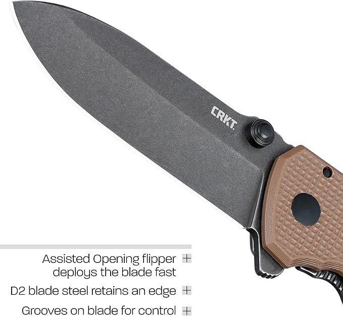CRKT Squid Assisted Opening Folding Knife: Drop Point with D2 Steel Blade, G10 Handle, Frame Lock, 2495B