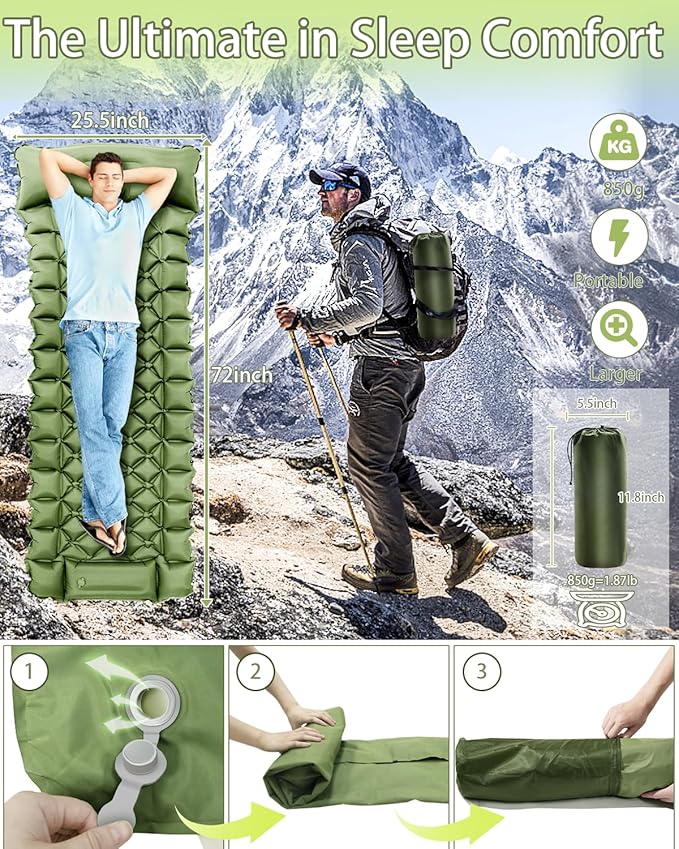 Sleeping Pad for Camping, Self Inflating Camping Air Mattress Built-in Foot Pump, Sleeping Mat Camping with Pillow, Backpacking, Hiking, Traveling