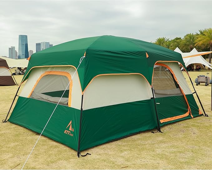 KTT Extra Large Tent 10-12-14 Person(Style-B),Family Cabin Tents,2 Rooms,3 Doors and 3 Windows with Mesh,Straight Wall,Waterproof,Double Layer,Big Tent for Outdoor,Picnic,Camping,Family Gathering