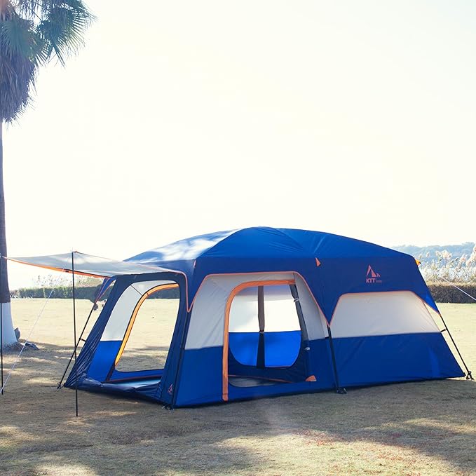 KTT Extra Large Tent 10-12-14 Person(Style-B),Family Cabin Tents,2 Rooms,3 Doors and 3 Windows with Mesh,Straight Wall,Waterproof,Double Layer,Big Tent for Outdoor,Picnic,Camping,Family Gathering