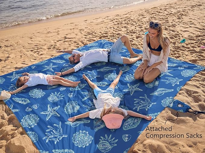 WEKAPO Beach Blanket Waterproof Sandproof Oversized, Extra Large Beach Mat Sand Free, Lightweight & Compact Sand Free Mat with 6 Stakes & 4 Corner Pockets