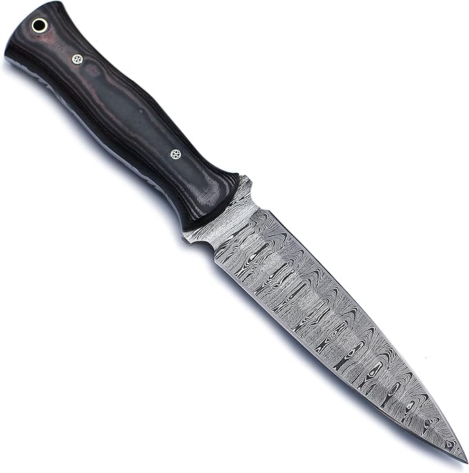 Handmade Damascus Steel Fixed Blade Bowie Knife For Edc,Hunting,Survival,Camping,Bushcraft and Fishung with Fixed Blade Spear Point Blade and Full Tang Micarta Handle with Cowhide-Leather Sheath-WKD-779