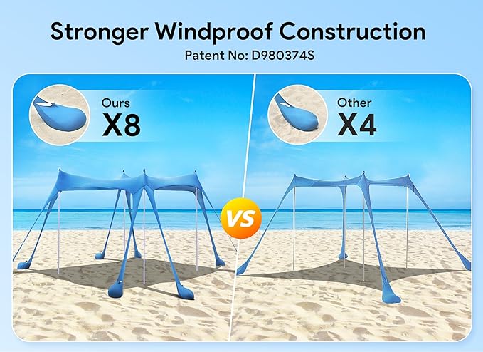 Osoeri Beach Tent, Camping Sun Shelter UPF50+ with 8 Sandbags, Sand Shovels, Ground Pegs & Stability Poles, Outdoor Shade Beach Canopy for Camping Trips, Fishing, Backyard Fun or Picnics