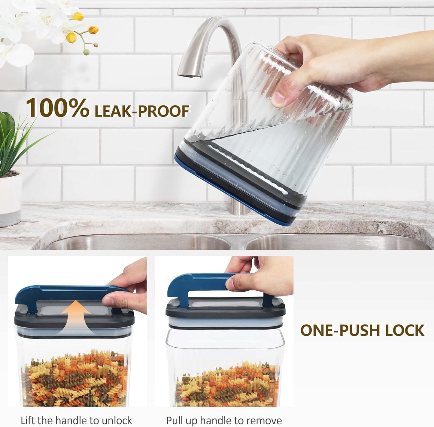 2 PACK Food Storage Containers with Airtight Lids, 112oz Tall Kitchen Food Container, BPA Free, Dry Food Storage for Pasta, Spaghetti, Cereal, Flour Pantry Organization, Navy