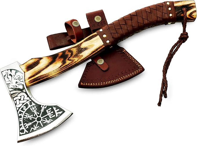 Hand Forged Carbon Steel Etched Viking Axe with (Ash Wood) Handle -with Premium Leather Sheath - Ideal for Camping Axe - Survival Axe - Bushcraft Axe Gift for Him. CX-00786