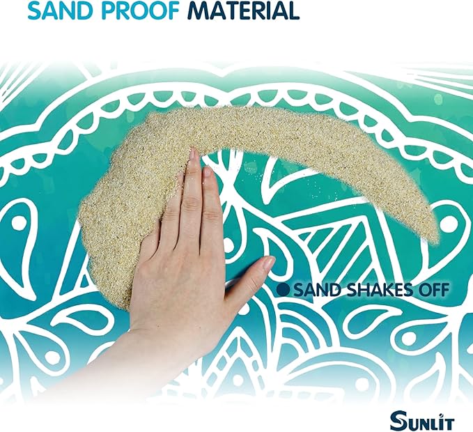 Sunlit Silky Soft 85"x72" Boho Sand Proof Beach Blanket Sand Proof Mat with Corner Pockets and Mesh Bag for Beach Party, Travel, Camping and Outdoor Music Festival, Bright Turquoise Mandala