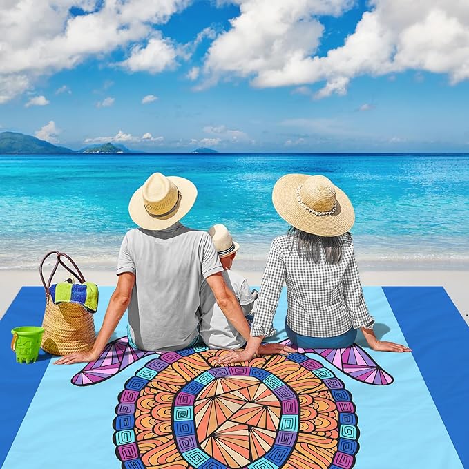 Beach Blanket Sandproof Waterproof, Bohemian Turtle Large Beach Mat Oversized for 2-4 Person, Compact Sand Free Quick Dry Polyester Outdoor Picnic Blanket for Travel, Camping, Hiking