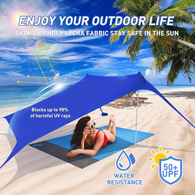 Beach Tent Pop Up Shade Canopy Sun Shelter UPF50+ with 2 Stability Poles/Carry Bag/Ground Pegs/Sand Shovel/Windproof Ropes Portable Outdoor Family Sunshade for Camping (Royal Blue,7×7FT)