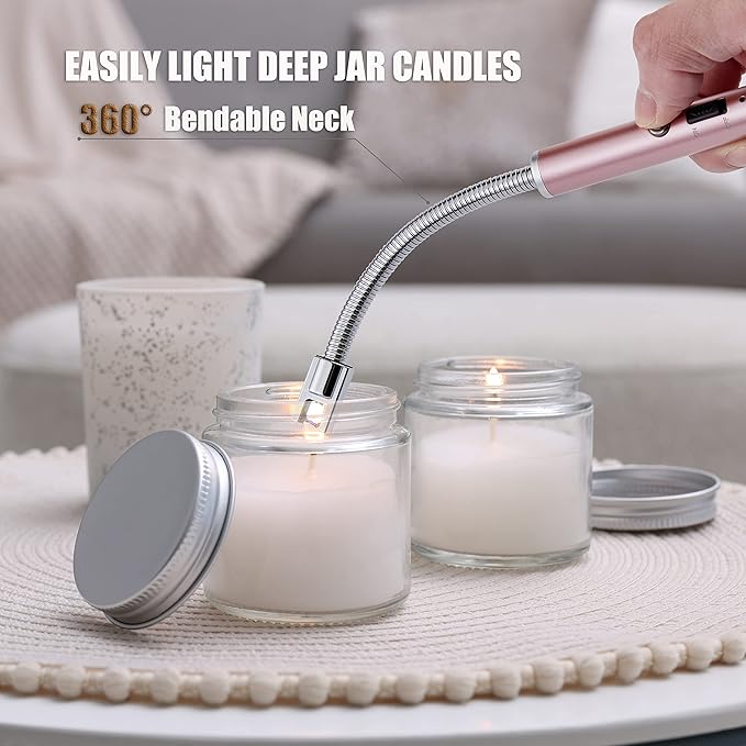 Lighter, Rechargeable Candle Lighter Grill Lighter Electric Arc Lighter with Flexible Neck, LED Battery Display Safety Switch for Candle Camping Cooking BBQs Fireworks (Pink)