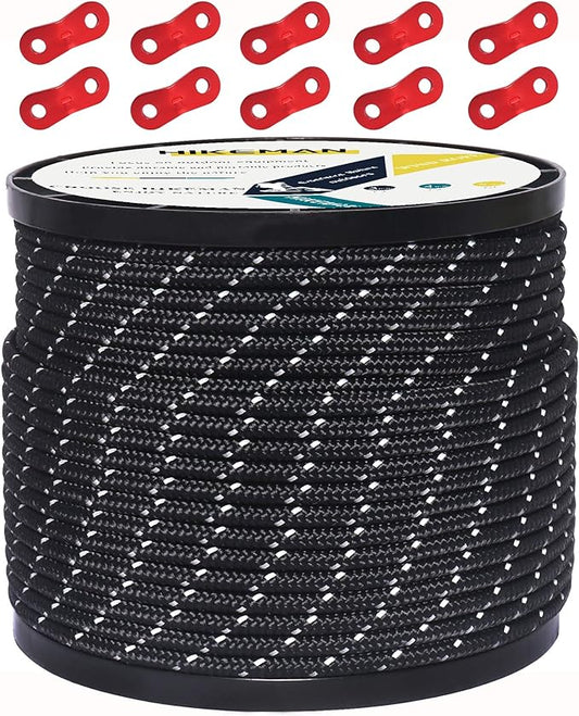 HIKEMAN 50m Reflective Guyline Solid Braid Nylon Camping Rope with Aluminum Adjuster Cord Tensioner Tent Accessory for Outdoor Travel,Hiking,Backpacking and Water Activities (Black, 4mm)