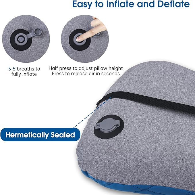 Inflatable Camping Pillow with Removable Cover - Ultralight Compact Camp Pillows for Sleeping, Backpacking, Hiking, Beach, Outdoor - Portable Blow Up Air Travel Pillow for Neck & Lumbar Support - Blue