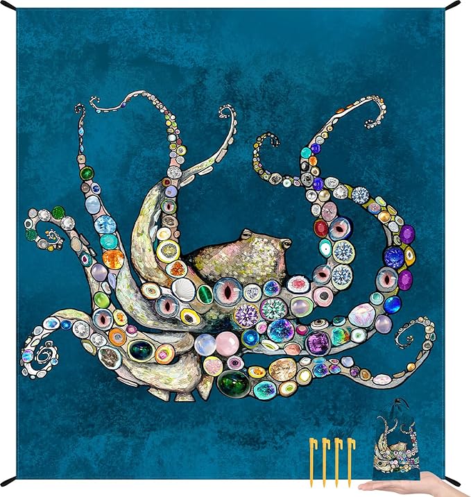 Beach Blanket Waterproof Sandproof, 78''×86'' Large Lightweight Beach Mat for 2-4 Adults with Stakes, Sand Free Quick Dry Outdoor Picnic Blankets for Travel, Camping, Hiking-Jewelry Octopus