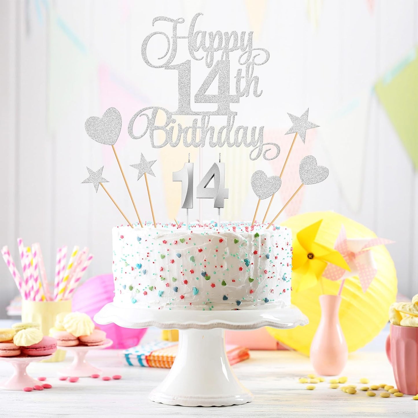 14th Birthday Cake Decorations, 14th Birthday Candles Cake Numeral Candles and Glitter Happy 14th Birthday Cake Toppers Set for Birthday Party Supplies (Silver)