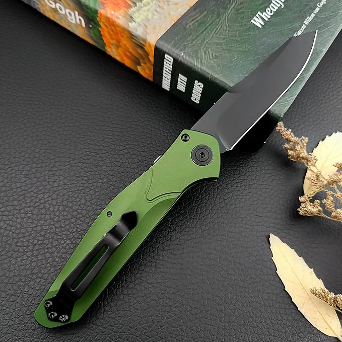 HUAAO 7.7” Assisted Opening Push Button Pocket Knife, Folding Knife with Reversible Pocket Clip, 3.14” D2 Blade and Green Aluminum Alloy Handles, Outdoor Survival Knife EDC Hunting Tool