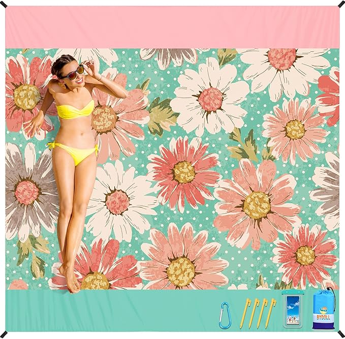 BYDOLL Beach Blanket Sandproof Waterproof 78''×110'' 1-7 Adults Compact Lightweight Oversized Beach Blanket Large Picnic Mat Beach Blanket for Travel Camping Hiking Picnic