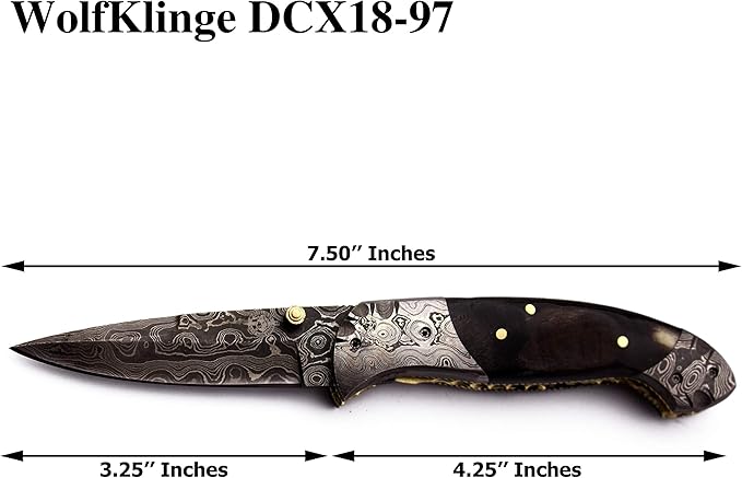 Handmade Damascus Folding Pocket Bowie Knife For EDC,Hunting,Survival,CampingBushcrfat,Skinning and Fishing with Full Tang Micarta and Cowhide-Leather Sheath For-Men and Women-(DCF97 - Fireball)