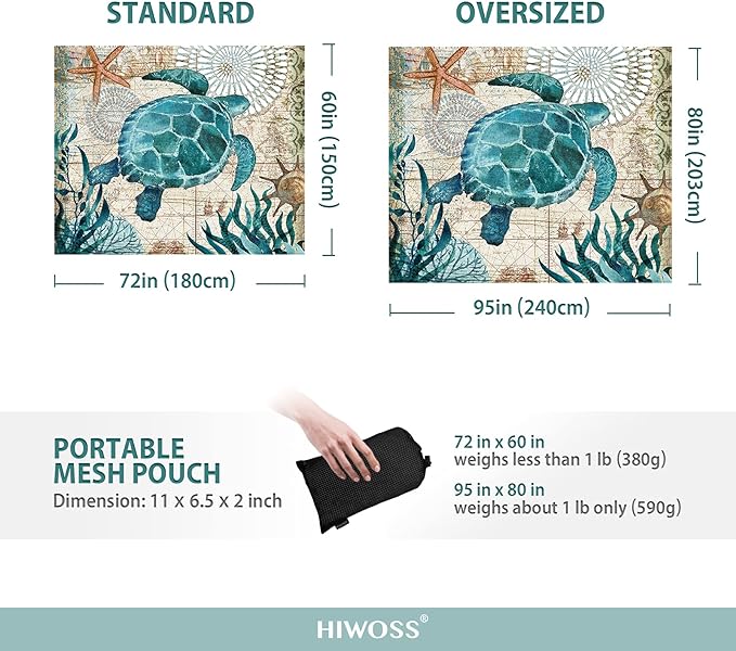 Beach Blanket Waterproof Sandproof Oversized 95”x 80”,Sand Free Beach Mat with Corner Pockets,Portable Mesh Bag for Beach Festival,Picnic,Travel and Outdoor Camping (Seaturtle)