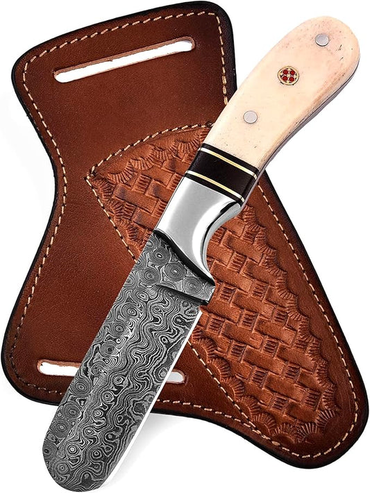 Handmade Damascus Steel Bull Cutter Knife with Pancake Leather Sheath, Fixed Blade Cowboy Knife with Bone/Walnut Handle, Utility Knife, EDC Hunting knife (Camel Bone)