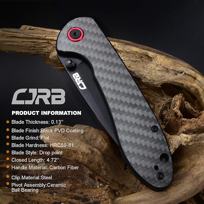 CJRB CUTLERY Folding Knife Feldspar(J1912) AR-RPM9 Powder Steel Black PVD Blade Carbon fiber Handle Pocket Knife EDC Knife, Carbon Fiber Handle