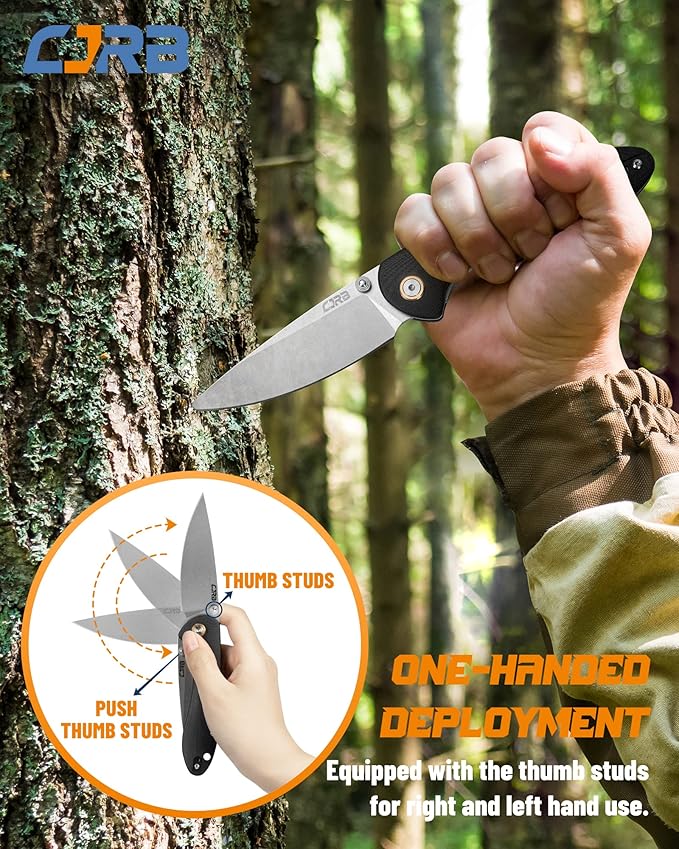 CJRB Folding Knife Feldspar Pocket Folding Knife Stonewash D2 Steel Blade G10 Tactical Handle EDC Knife,Black Handle (J1912)