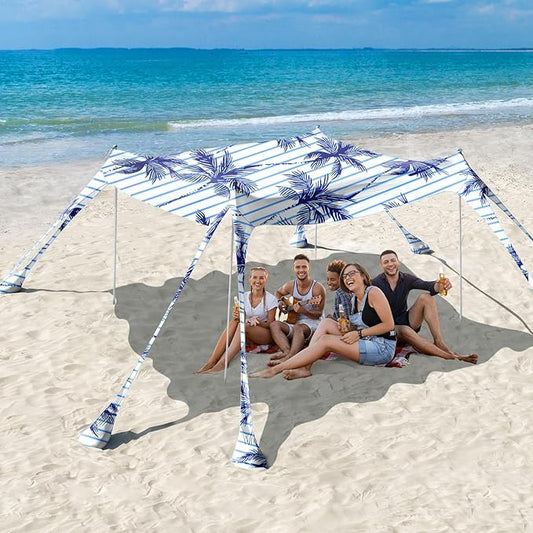 Rhino Valley Beach Tent Sun Shelter, Beach Canopy Tent Sun Shade UPF50+ Protection with 8 Sandbags 4 Stability Poles, Outdoor Beach Shade Canopy for Beach, Camping, Fishing