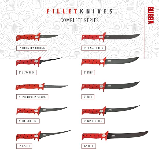 BUBBA 9 Inch Flex Fillet Knife with Non-Slip Grip Handle, Full Tang Stainless Steel Titanium Bonded Blade, Lanyard Hole and Synthetic Sheath for Fishing