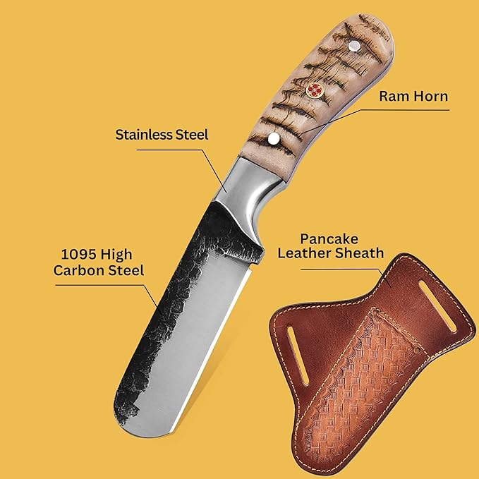 Handmade 1095 High Carbon Steel Bull Cutter Knife with Leather Sheath, Fixed Blade Cowboy Knife with Ram Horn Handle, Utility Knife, EDC Hunting, Outdoor - Camping (Ram Horn)