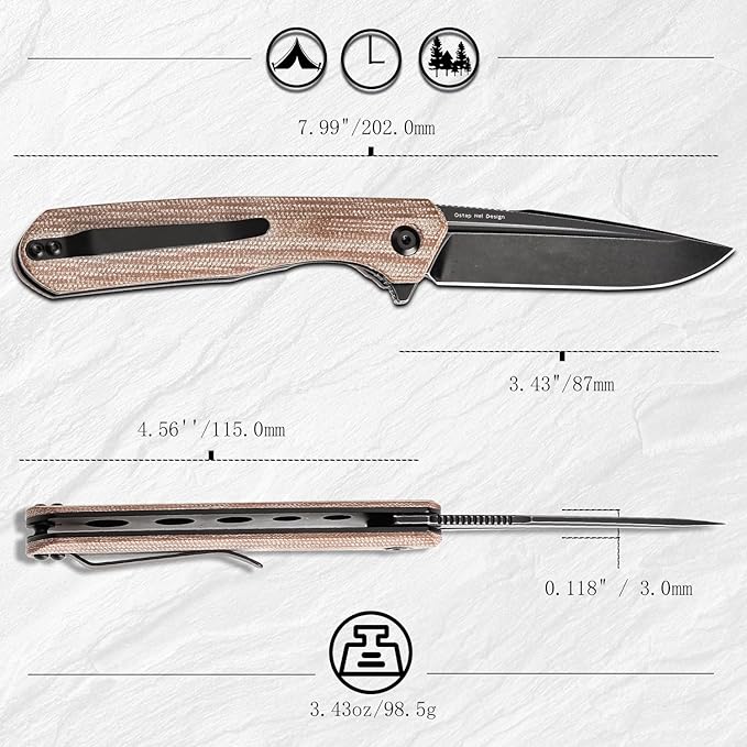 KANSEPT Qilin Pocket Folding Knives for Men EDC Camping Knife 3.24'' Blackwash 154CM Blade with Brown Micarta Handle T1047A3