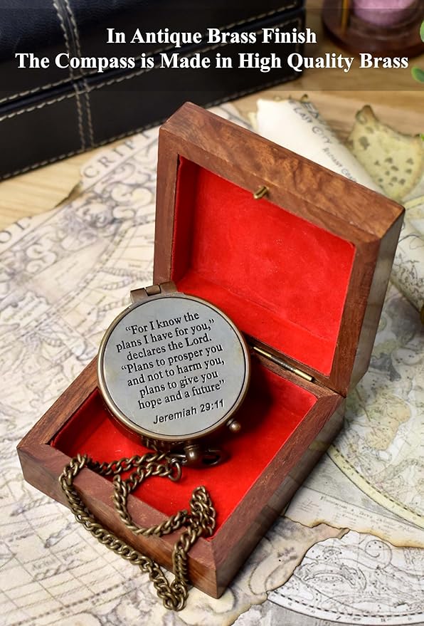 Handmade Portable Antique Brass Chain Compass Engraved with Wooden Box Men's & Women's Hiking Camping Use and Pirate Accessories