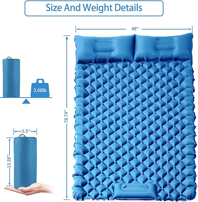 Double Sleeping Pad for Camping, 2 Person Ultralight Inflatable Sleeping Mat with Pillow and Built-in Foot Pump, Portable Camping Mattress for Tent, Backpacking, Hiking, Traveling-Upgrade Blue