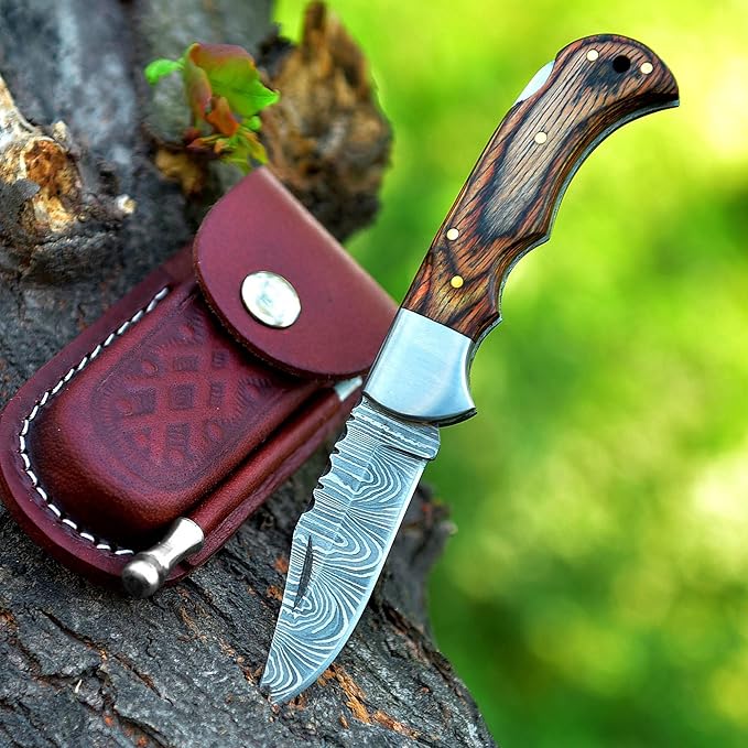 Handmade Damascus Pocket Knife for Men - 6.5 Inches Damascus Folding Knife with Sheath - Pocket Knives and Folding Knives with Back Lock - Best for EDC, Camping, Fishing and Hiking, Brown, HA786