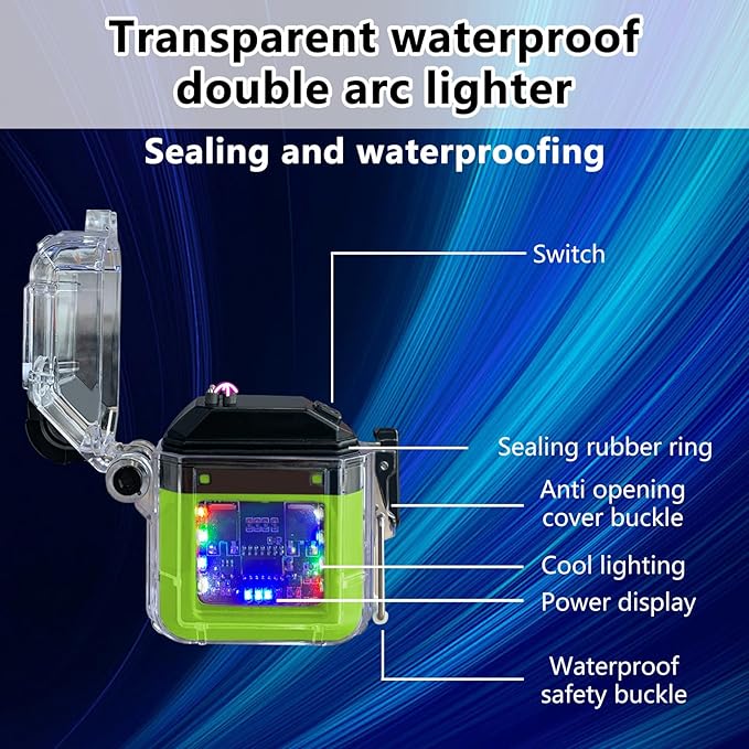 Waterproof Arc Lighter, Double Arc Flameless Plasma Lighter with Type C Charging Cord and Cord, LED Power Indicator Light, Electric Lighter for Indoor and Outdoor Camping and Cooking,IP56 Rated(Green)