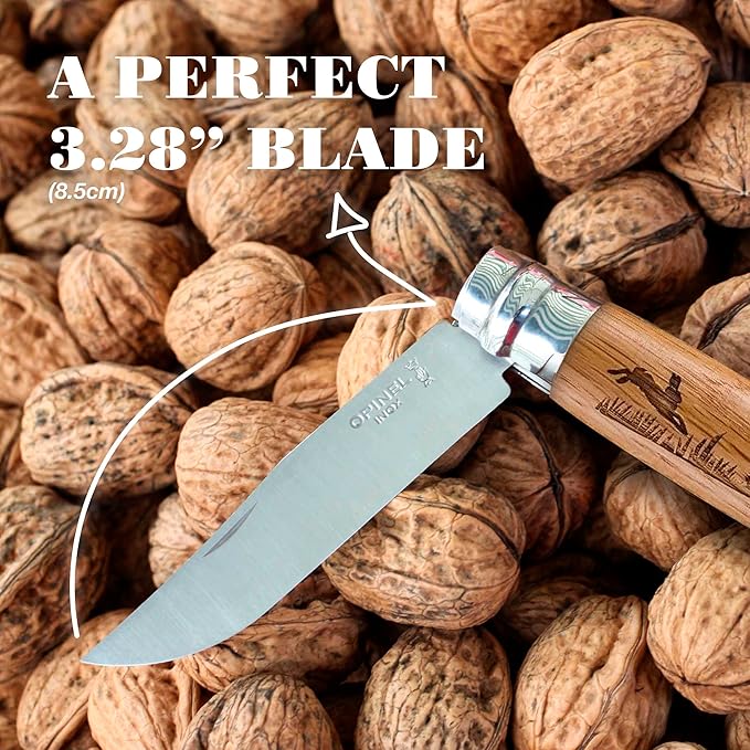 Opinel No. 8 Engraved Oak Handle Folding Knife, Animalia Collection, Stainless Steel Blade, Made in France