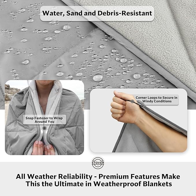 STOVER Multipurpose Outdoor Fleece Blanket, Lightweight, Compact, and Warm for Stadium, Camping, Picnics, Beaches - Wearable, Windproof and Water Resistant (Grey)